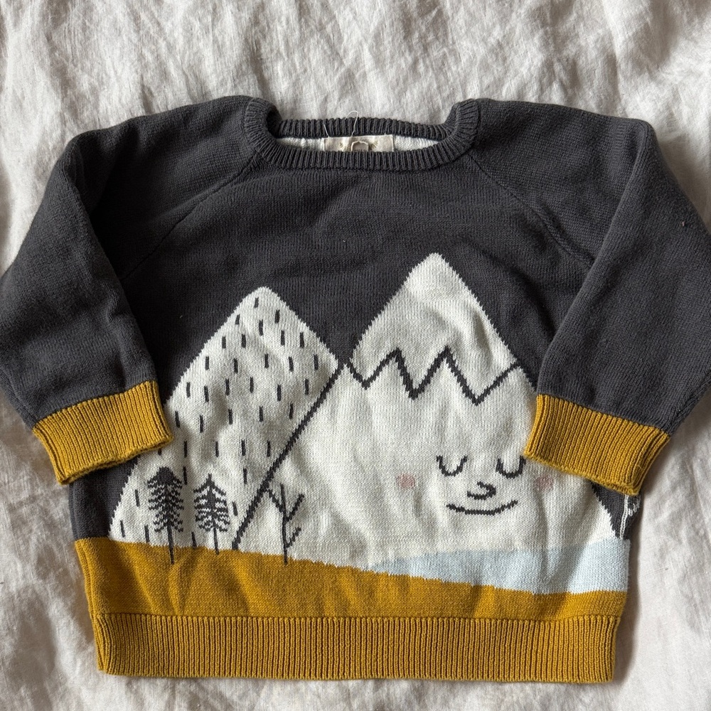 Cozy Mountain Graphic Kids Sweater - Gray and Mustard
